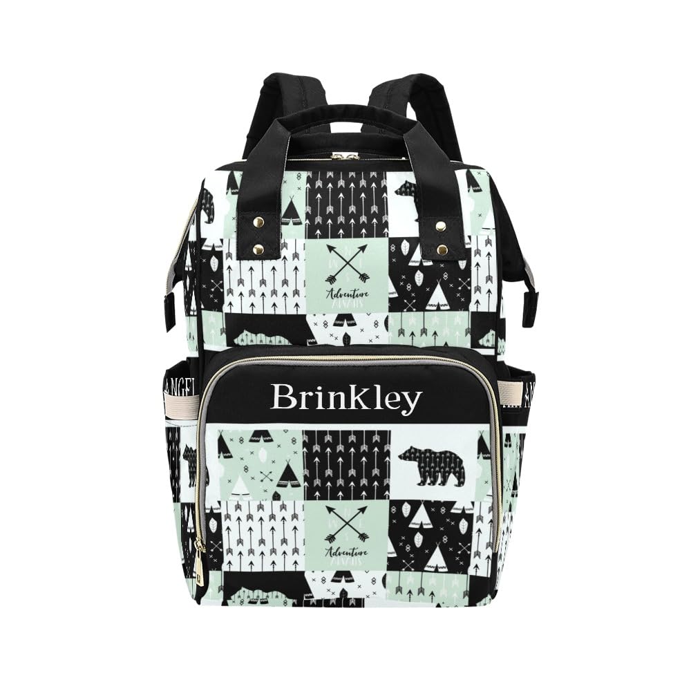 YallLocoMo Personalized Diaper Bag Backpack Gift Adventure Bear Tribal Plaid Convenient and Durable: Waterproof Multi-Compartmen