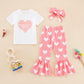 Ninobebe Toddler Girl Valentines Day Outfit Love Heart T-Shirt Bell Bottom Pants Headband 3Pcs Summer Clothes Set 3-4T