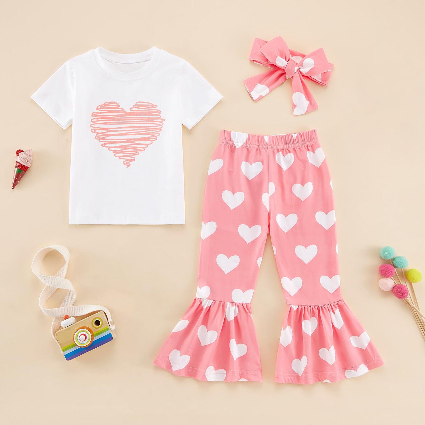 Ninobebe Toddler Girl Valentines Day Outfit Love Heart T-Shirt Bell Bottom Pants Headband 3Pcs Summer Clothes Set 3-4T