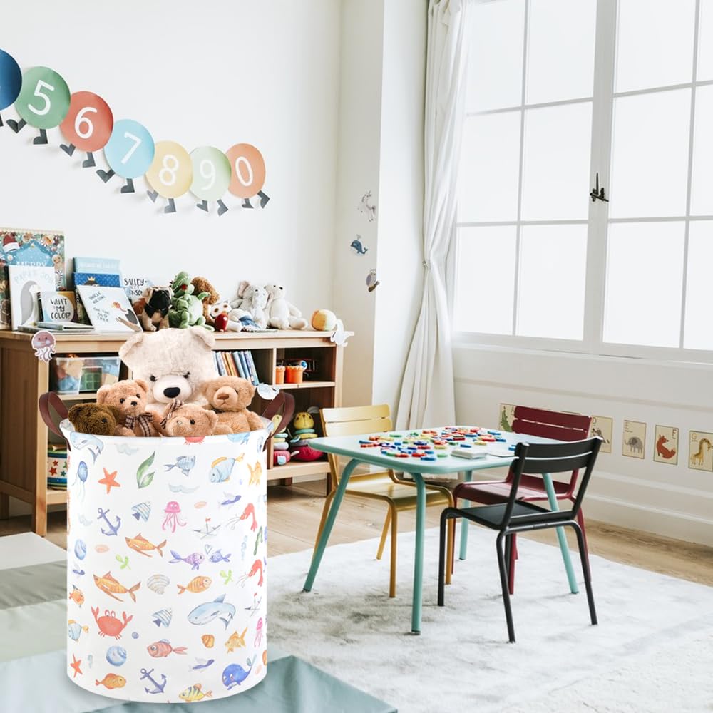 Fxocshe Marine Animal Kids Waterproof Foldable Laundry Basket,Fish Hamper,Nursery Hamper,Baby Storage Baskets For Boy Room,Gift