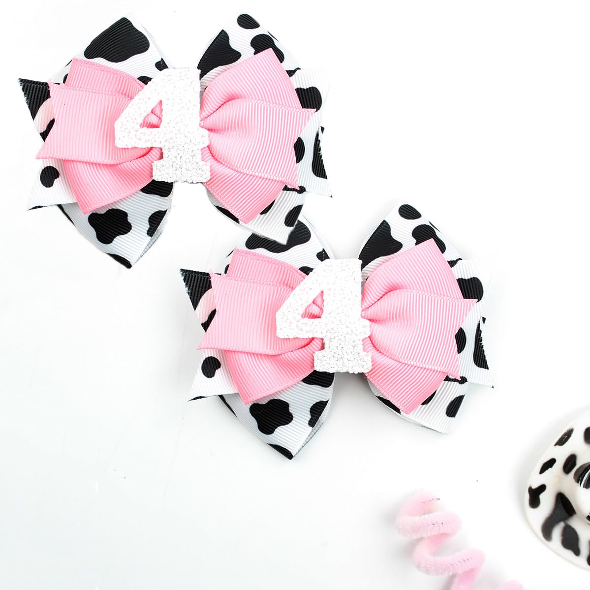 Birthday Hair Clips For Baby Girls - 2Pc Cow Print Bow With White Number Hair Clips For 4Th Birthday Baby Bow Party Decorations