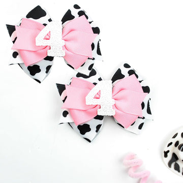 Birthday Hair Clips For Baby Girls - 2Pc Cow Print Bow With White Number Hair Clips For 4Th Birthday Baby Bow Party Decorations