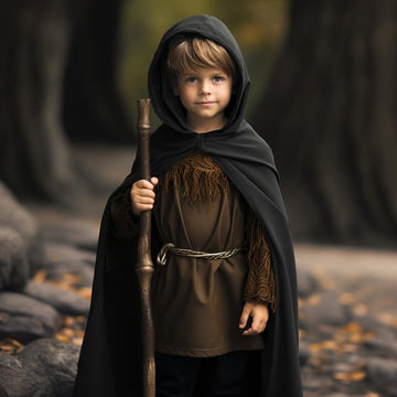 Homelex Black Renaissance Costume For Boys - Kids Medieval Cloak With Hood Halloween Ranger Wizard Elven Hooded Cape Robe