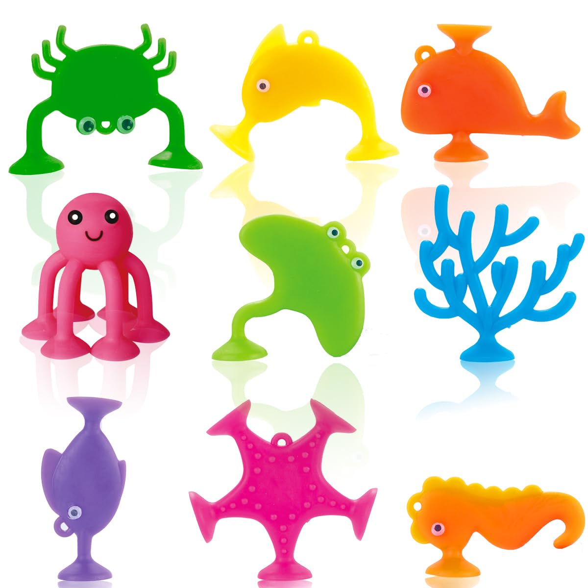 Suction Bath Toys for Kids, 9 PCS Silicone Ocean Animal Suction Cup Toys, Mold Free No Hole Bathtub Toy, Sensory Window Building