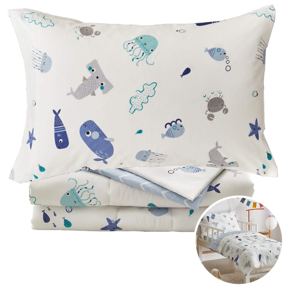 Joyreap 4 Piece Cotton Toddler Bedding Set For Kids Boys N Girls, Ocean Style Starfish Whale Crab Printed, Includes Quilted Comf