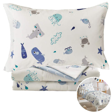 Joyreap 4 Piece Cotton Toddler Bedding Set For Kids Boys N Girls, Ocean Style Starfish Whale Crab Printed, Includes Quilted Comf