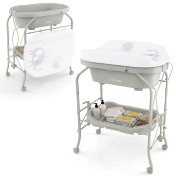Infans 2 In 1 Baby Changing Table With Bath Tub Unit, Folding Diaper Dresser Station With Wheels Waterproof Pad Storage Rack, Po