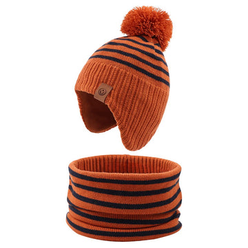 Jangannsa Knitted Baby Hat Scarf Set Winter Warm Boys Girls Beanie Fleece Lining Toddler Kids Hat With Pompom(Striped Caramel(Ha