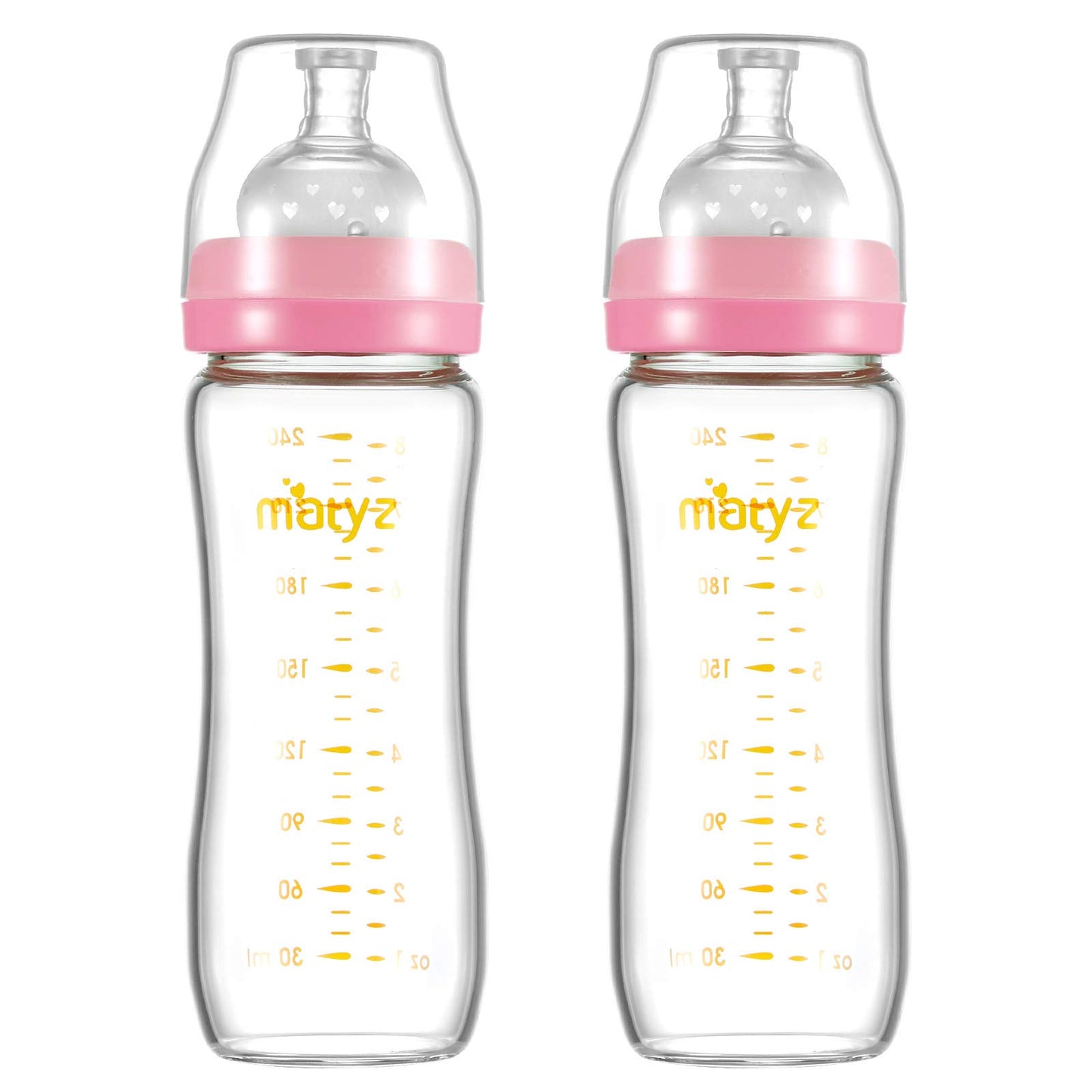Matyz Glass Breastmilk Baby Feeding Bottle With Nipple, 2 Pack, 8 Oz Slim And Light Bottle Easy To Hold, Food Grade Borosilicate