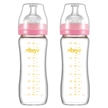 Matyz Glass Breastmilk Baby Feeding Bottle With Nipple, 2 Pack, 8 Oz Slim And Light Bottle Easy To Hold, Food Grade Borosilicate