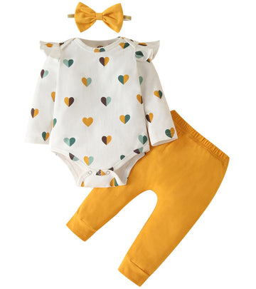 Fullfamous Baby Girl Clothes Gifts Outfits,Fall Winter Long Sleeve Romper And Pant Set Yellow Heart 6-12 Months