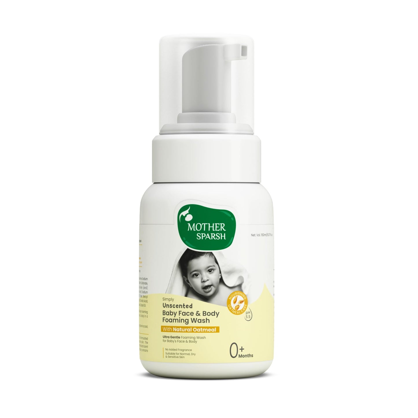 Mother Sparsh Simply Unscented Foaming Baby Face & Baby Body Wash With Natural Oatmeal-150Ml | Head To Toe Tear-Free Formula For