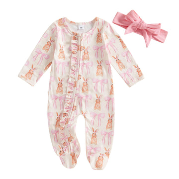Ayalinggo Valentines Baby Girl Outfit Bowknot Heart Footie Romper Long Sleeve Onesie Newborn Christmas Clothes (Deep Pink, 3-6 M