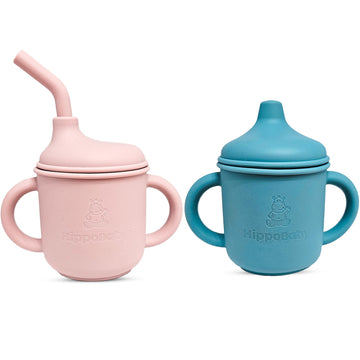 Hippobaby Silicone Transition Sippy Cup For 6+ Month Old | Includes 1 Toddler Straw Cup & 1 Sippy Cup With Handles 5 Oz| Baby Si