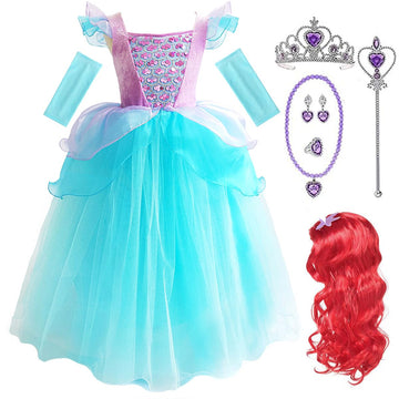 Tyhtym Little Mermaid Costumes For Girls Princess Ball Gown Fancy Dress Up Wig Gloves Set Birthday Halloween Party (4-5T)
