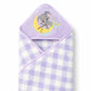 Hi mom Baby Hooded Towel, Peach Gingham, Teddy Bear Rainbow Embroidery, Soft Wrap for Infants (Purple)