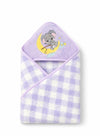 Hi mom Baby Hooded Towel, Peach Gingham, Teddy Bear Rainbow Embroidery, Soft Wrap for Infants (Purple)