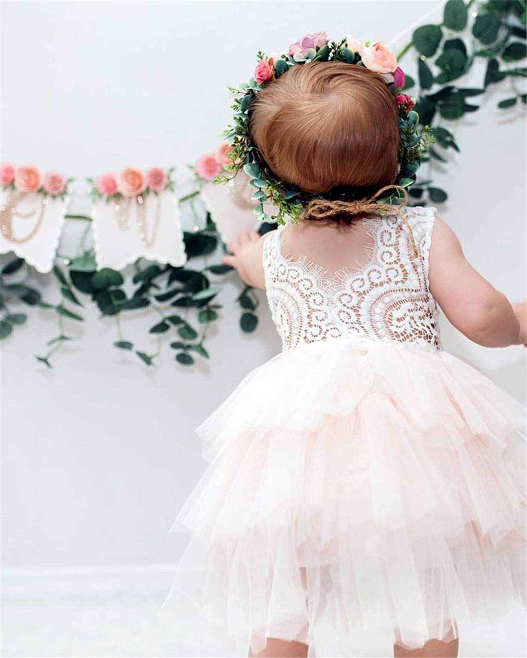2Bunnies Girl Peony Lace Back A-Line Tiered Tutu Tulle Flower Girl Dress (No Applique Pink, 4T)