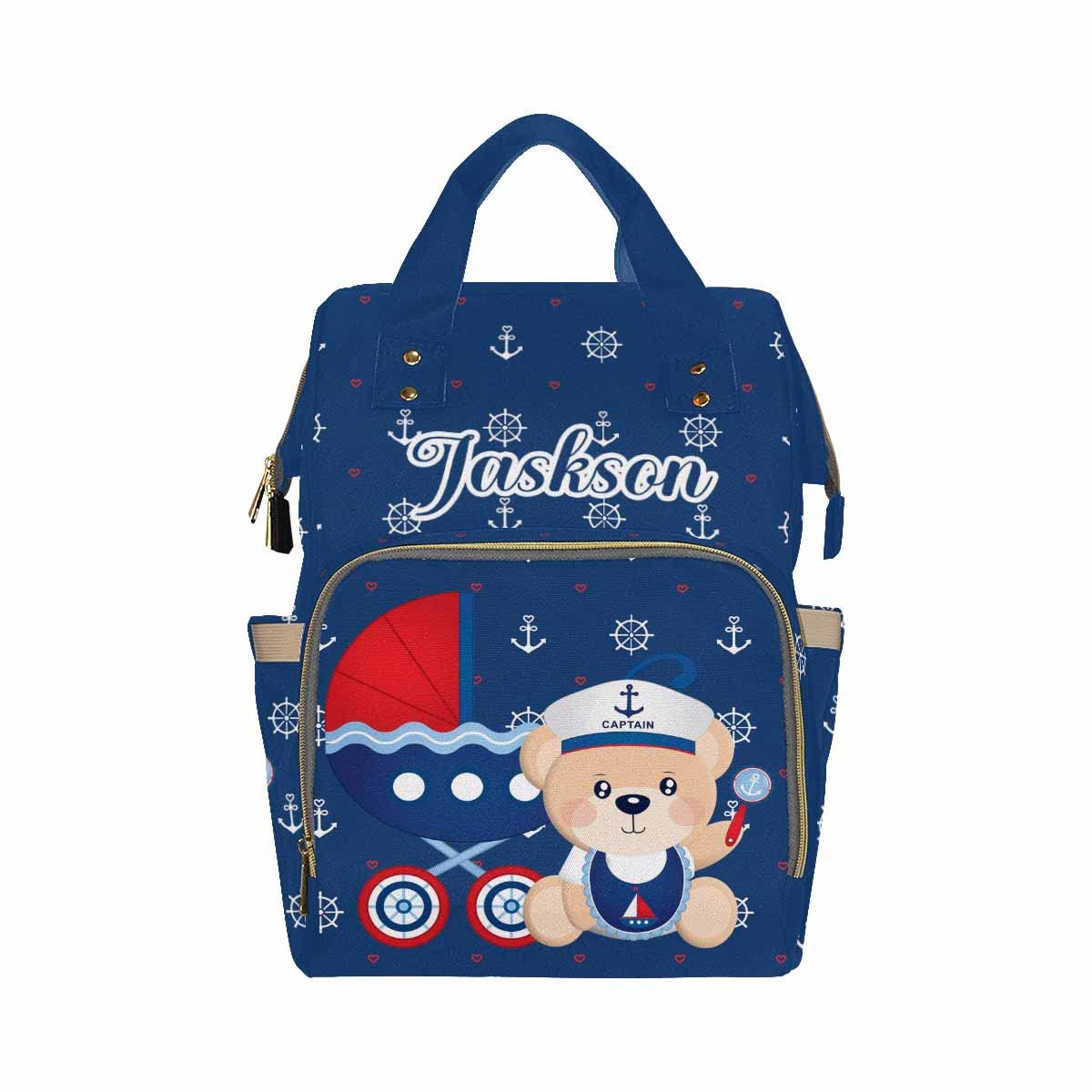 Artsadd Custom Animal Baby Backpack For New Mom Gifts, Personalized Dark Blue Captain Diaper Backpack With Stroller Straps Large