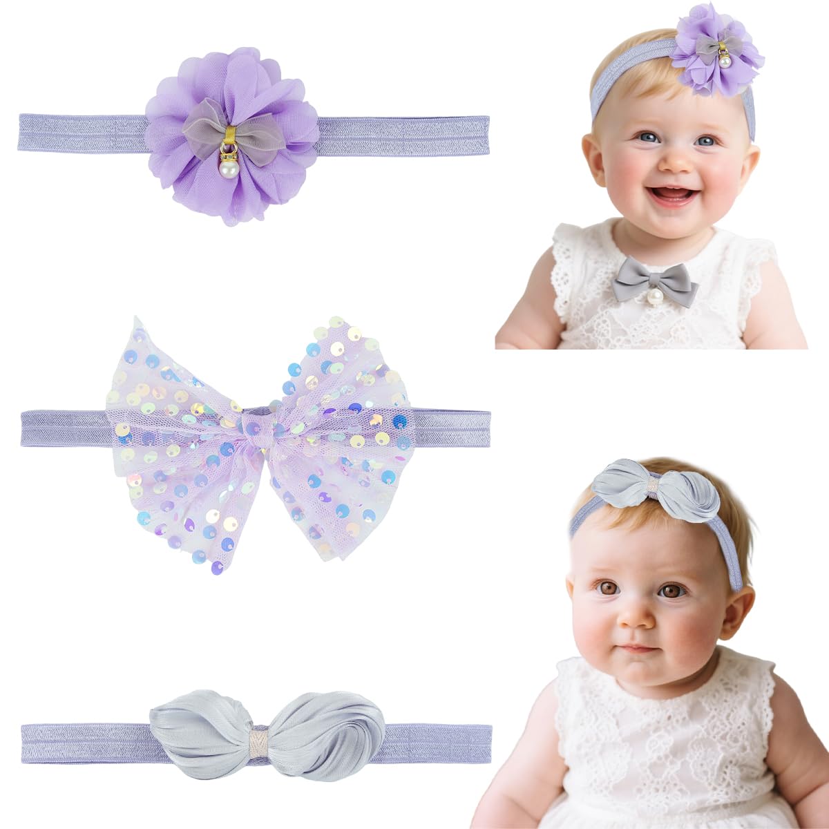 Snowie Soft 3Pcs Hair Bands For Baby Girls 02 Years, Purple 3Design Turban Sequins Flower Bows Baby Girl Hair Bands, Super Sof