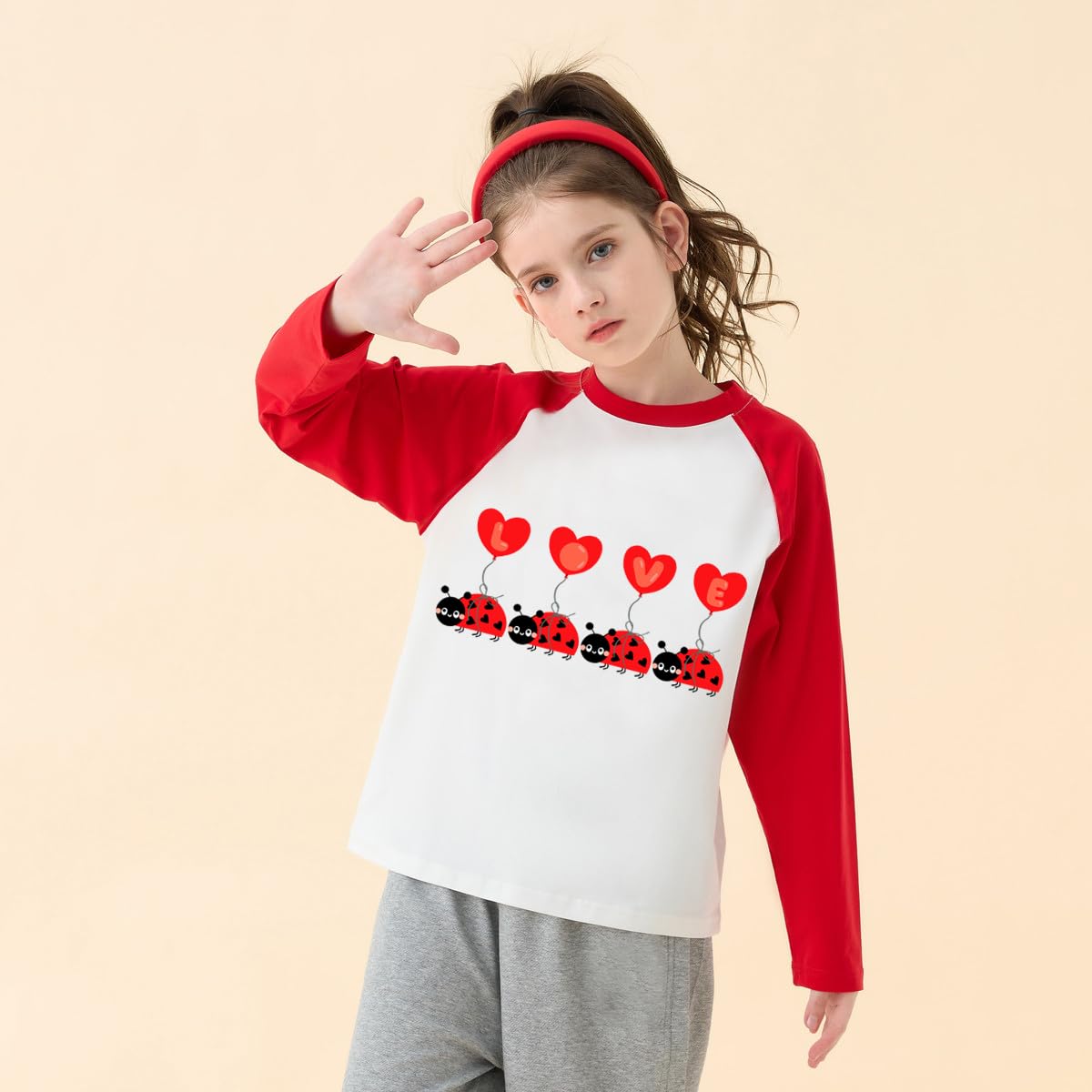 Ddsol Toddler Little Girl Valentine Day Shirt Baby Kid Love Heart Ladybug Print Tshirt Red White Raglan Long Sleeve Cotton Tee T