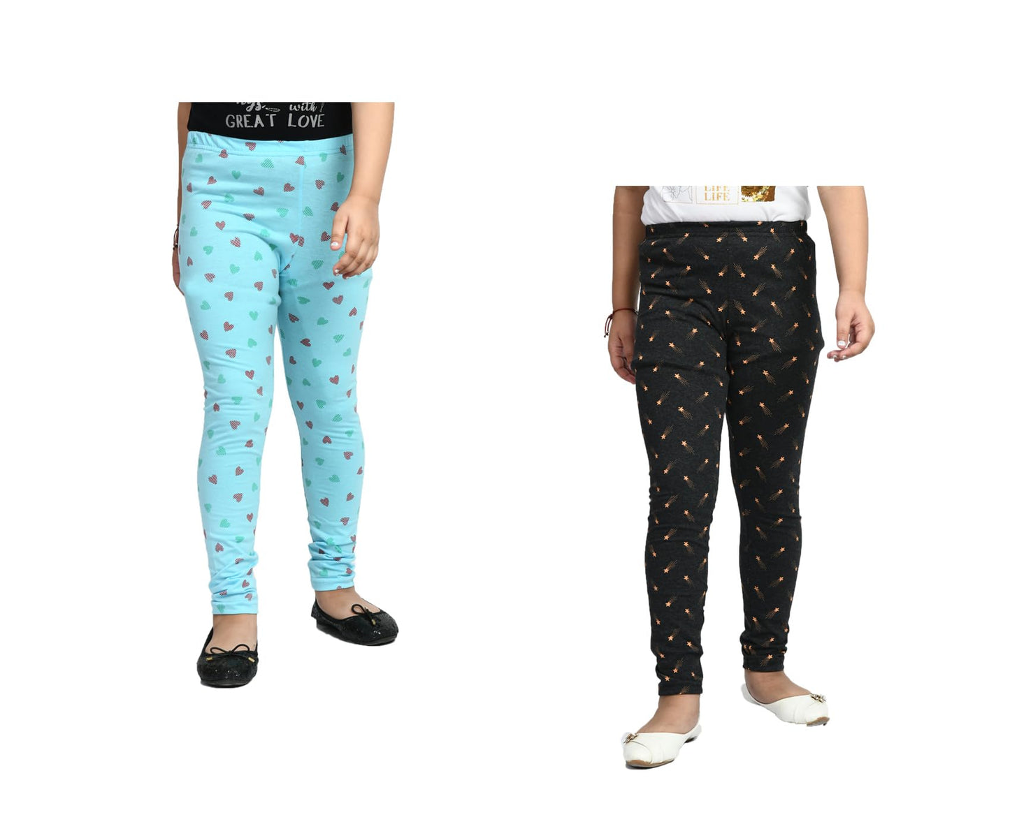 Girls Cotton Stylish Printed Slim Fit Leggings Pants (Pack of 2) Multicolor38