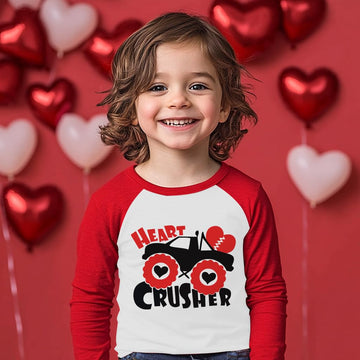 Toddler Boys T-Shirt Valentine'S Day Shirt Monster Truck Heart Crusher Tops Kids Long Sleeve Raglan Baby Tees 2T
