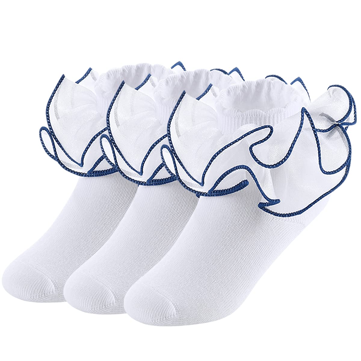 Yepami Big Girls Lace Socks Shimmering Cute Ruffle Comfortable Frilly Dress Ankle Socks 3 Pairs (Blue, Small, 2_Years)