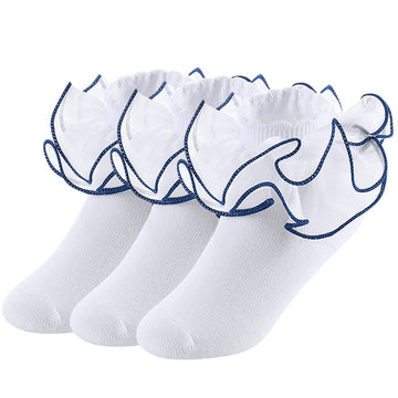Yepami Big Girls Lace Socks Shimmering Cute Ruffle Comfortable Frilly Dress Ankle Socks 3 Pairs (Blue, Small, 2_Years)