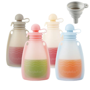 Pandaear Reusable Silicone Baby Food Pouches, 4 Pack Squeeze Pouches For Toddler Kids, Bpa-Free Silicone Refillable Baby Food St