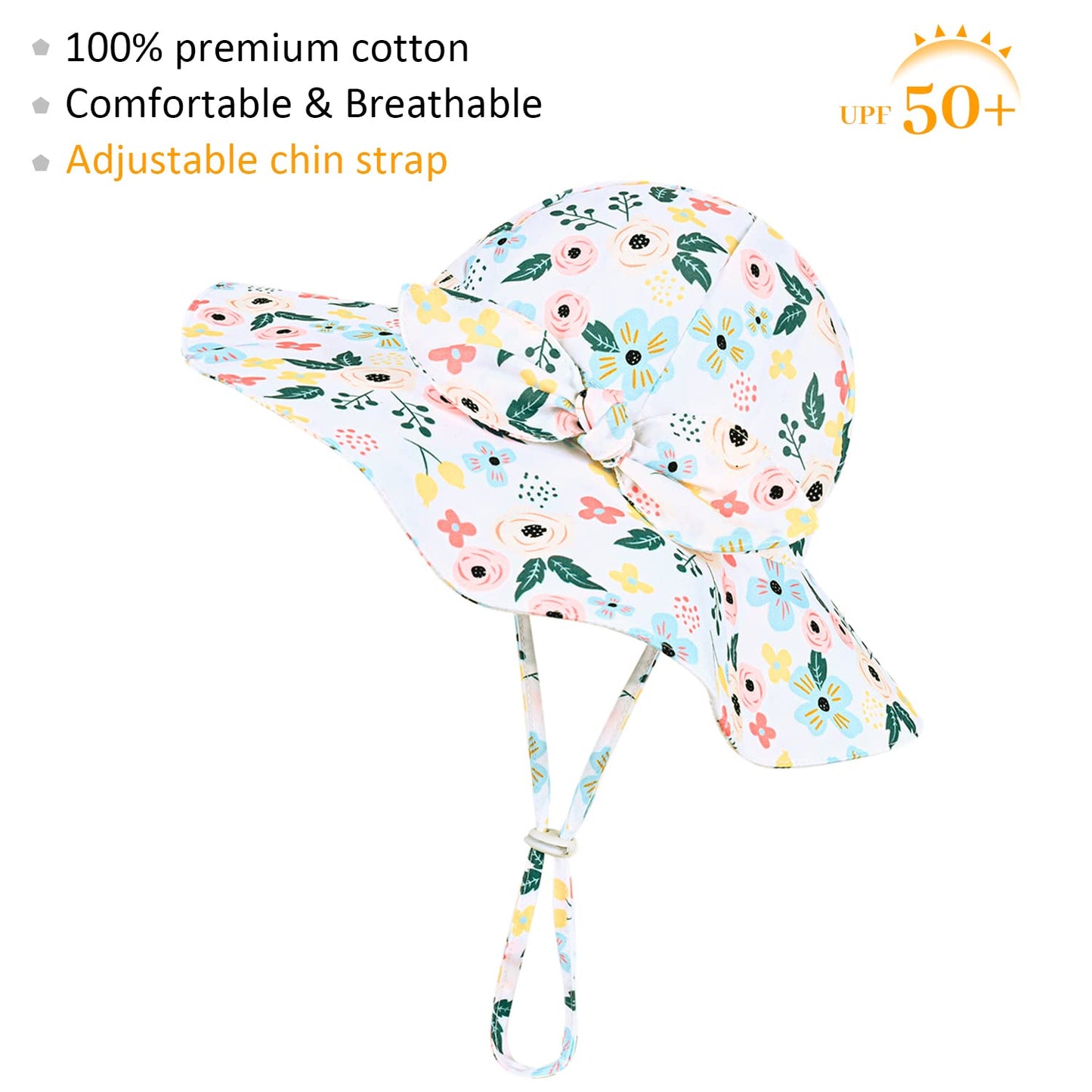 Baby Girl Sun Hat With Upf 50+ Outdoor Adjustable Beach Hat With Wide Brim Bucket Hats (2-3 Years, Pink-Blue Printing)