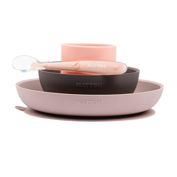 Silicone Children Tableware Set Of 4 Pieces, Complete Meanl With Plate, Bowl, Cup, Spoon - Safe, Stylish, Portable - Pink, Eggpl