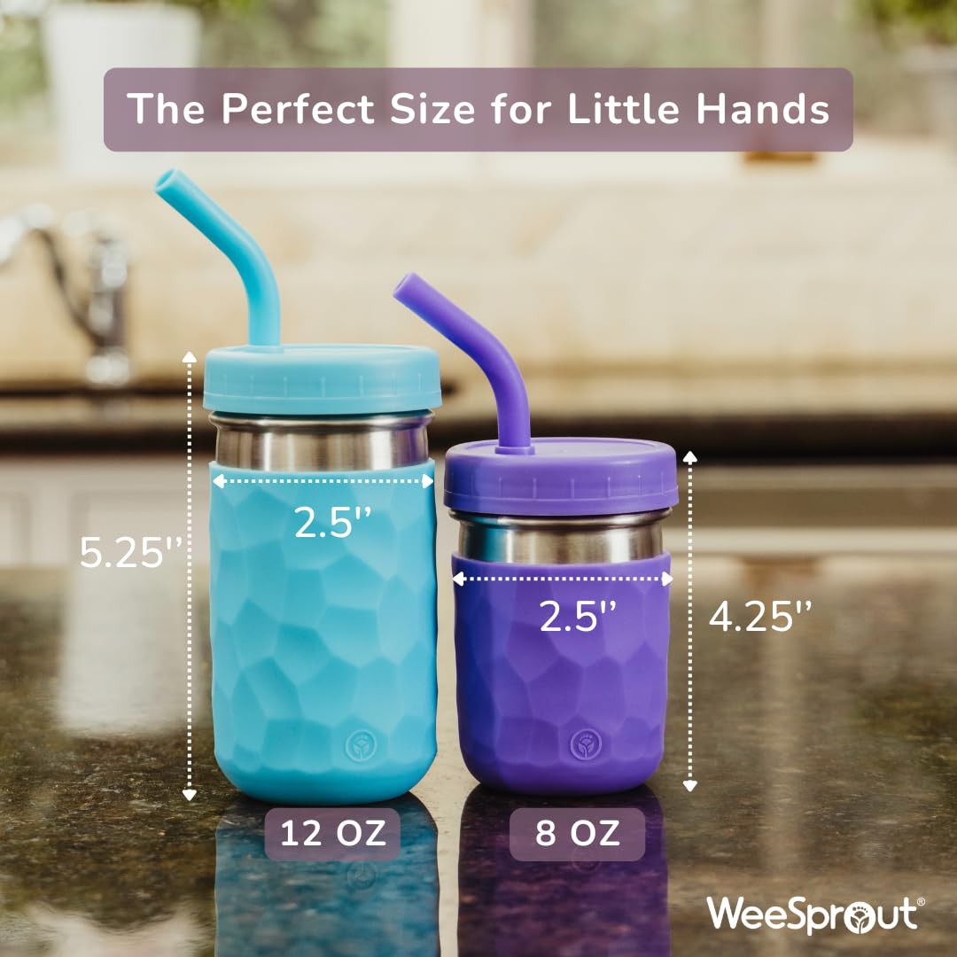 Weesprout 2-In-1 Drinking Cups For Kids, Durable Stainless Steel Tumbler For Smoothies, Silicone Straws With Stoppers, Premium P