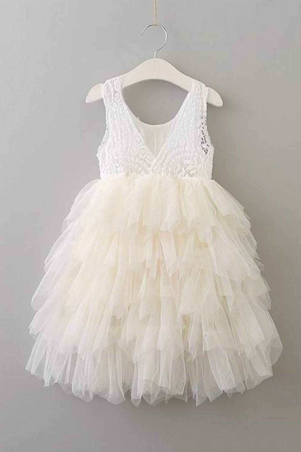 2Bunnies Girl Peony Lace Back A-Line Tiered Tutu Tulle Flower Girl Dress (Ivory Sleeveless Maxi, 6)