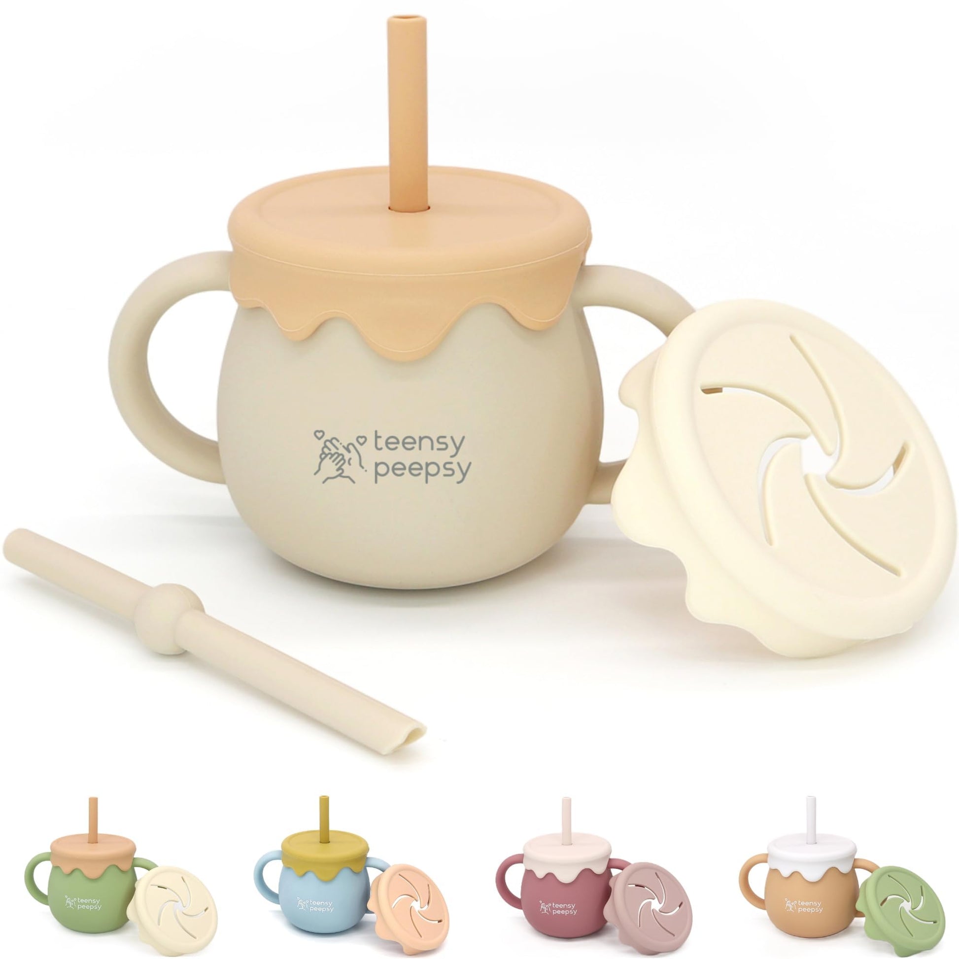 teensy peepsy Honey Jar Pot 3-in-1 Silicone Training Cup 8.5oz, Unisex Baby Sippy Cup with Straw & Snack Lid for 6 months+ Break