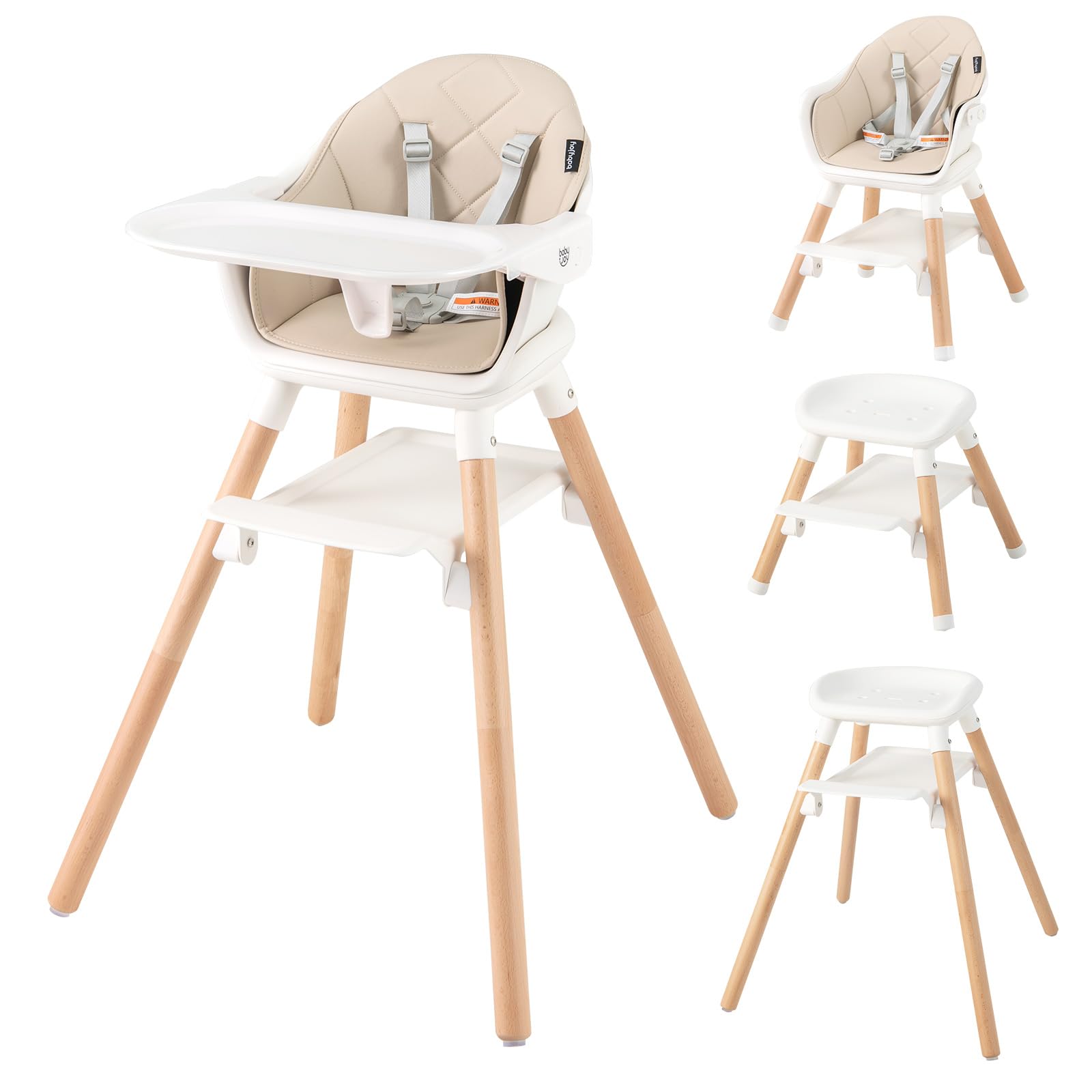 Baby Joy High Chair, 6 In 1 Convertible Wooden Highchair For Babies & Toddlers With Adjustable Legs, Double Removable Tray, Safe