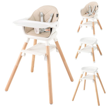 Baby Joy High Chair, 6 In 1 Convertible Wooden Highchair For Babies & Toddlers With Adjustable Legs, Double Removable Tray, Safe