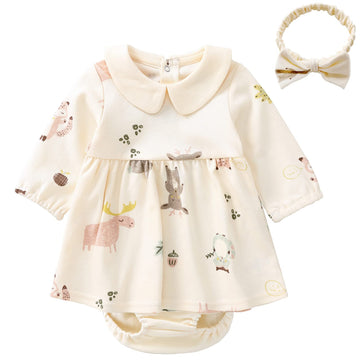 Pureborn Baby Girl Dress Infant Long Sleeve Peter-Pan Collar Spring Fall Cotton Playwear Dresses Beige 12-18 Months