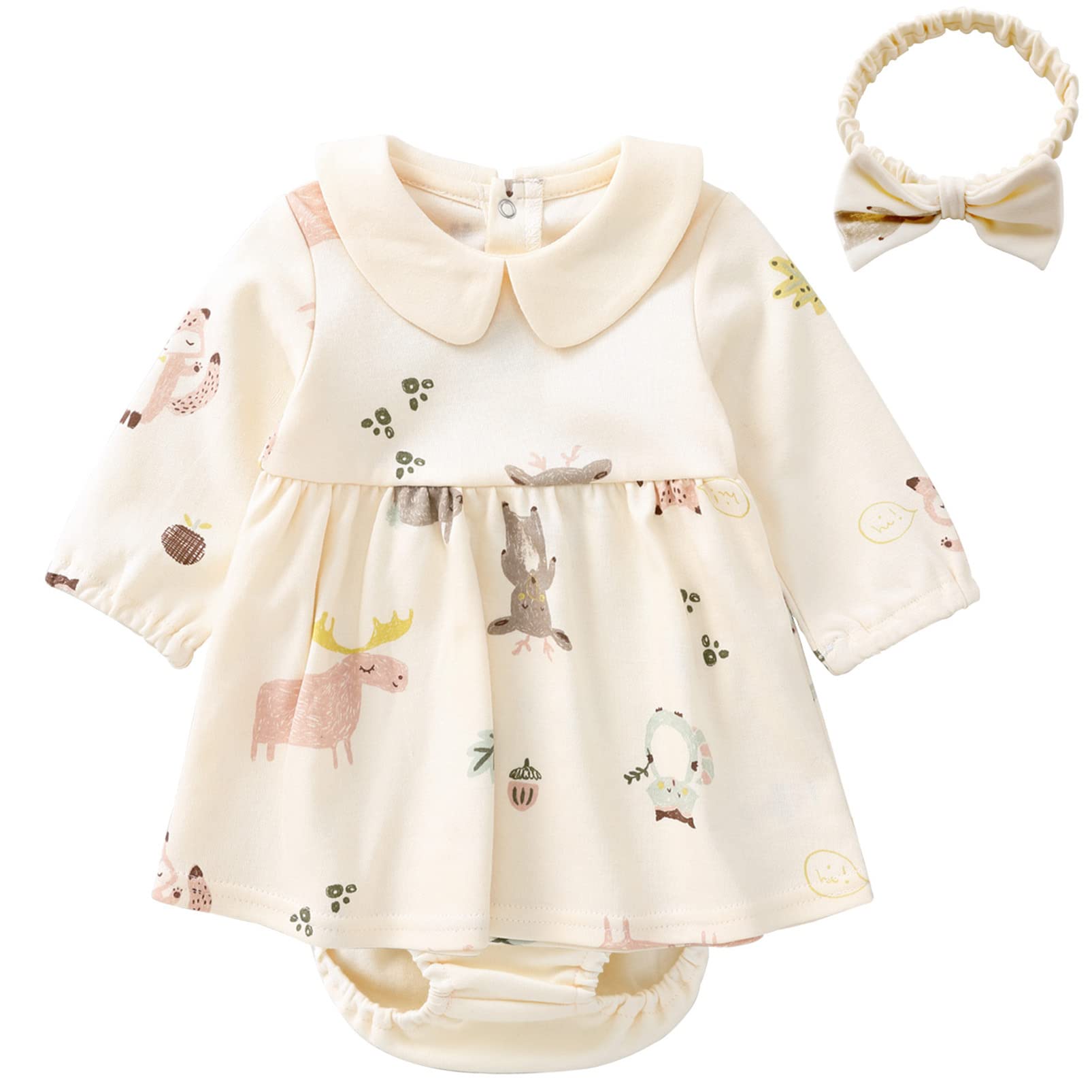 Pureborn Baby Toddler Girl Dress Infant Long Sleeve Peter-Pan Collar Spring Fall Cotton Playwear Dresses Beige 18-24 Months