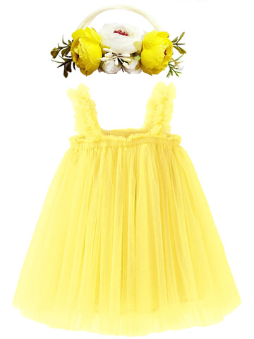 Bgfks Layered Tulle Tutu Dress For Toddler Girls,Baby Girl Rainbow Tutu Princess Skirt Set With Flower Headband.(Yellow,18 Month