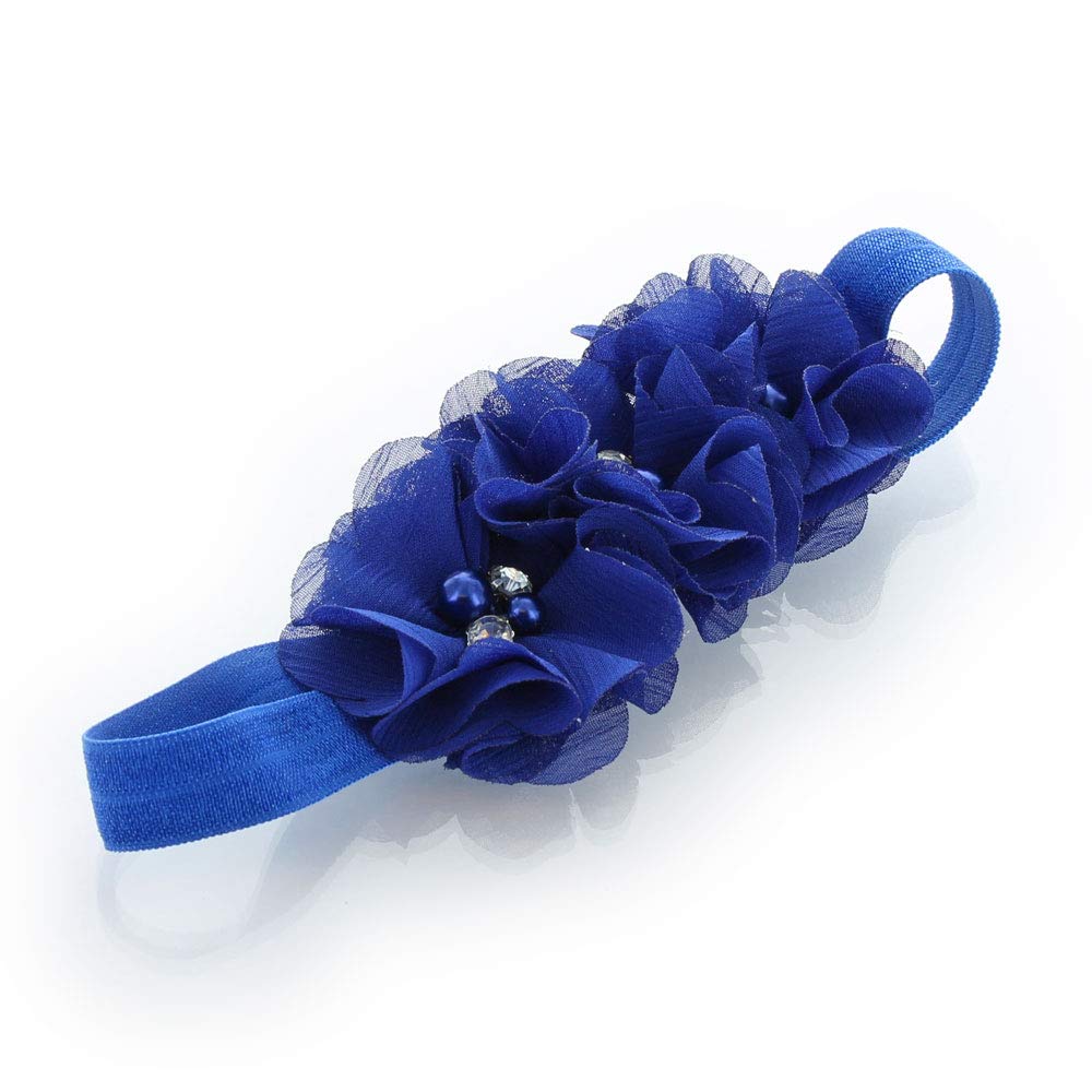 My Lello Baby Flower Headbands Fabric Beaded Trio Stretchy Elastic Pair (Royal/White)