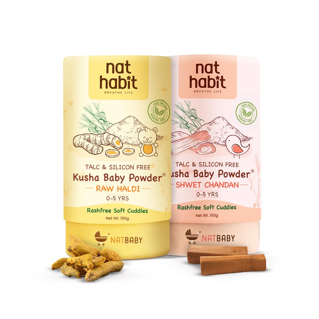 Nat Habit Raw Haldi & Shwet Chandan Kusha Baby Powder, Chemical Free & Rashfree Soft Protection, 05 Yrs  150 G Each (Combo Pac