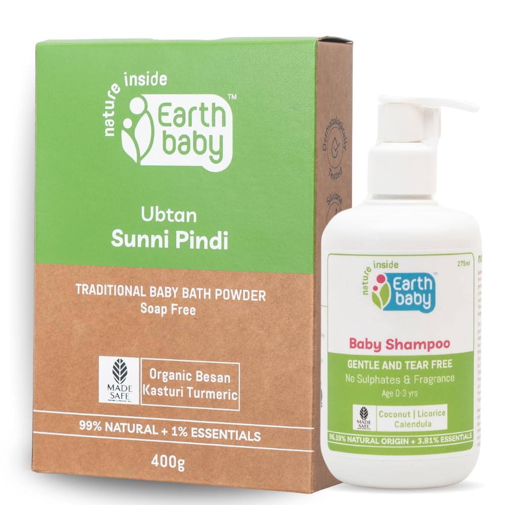 Earthbaby Baby Bath Combo | 99% Natural Origin Ubtan Sunni Pindi Bath Powder (400G) & 96.19% Natural Origin Baby Shampoo (275Ml)
