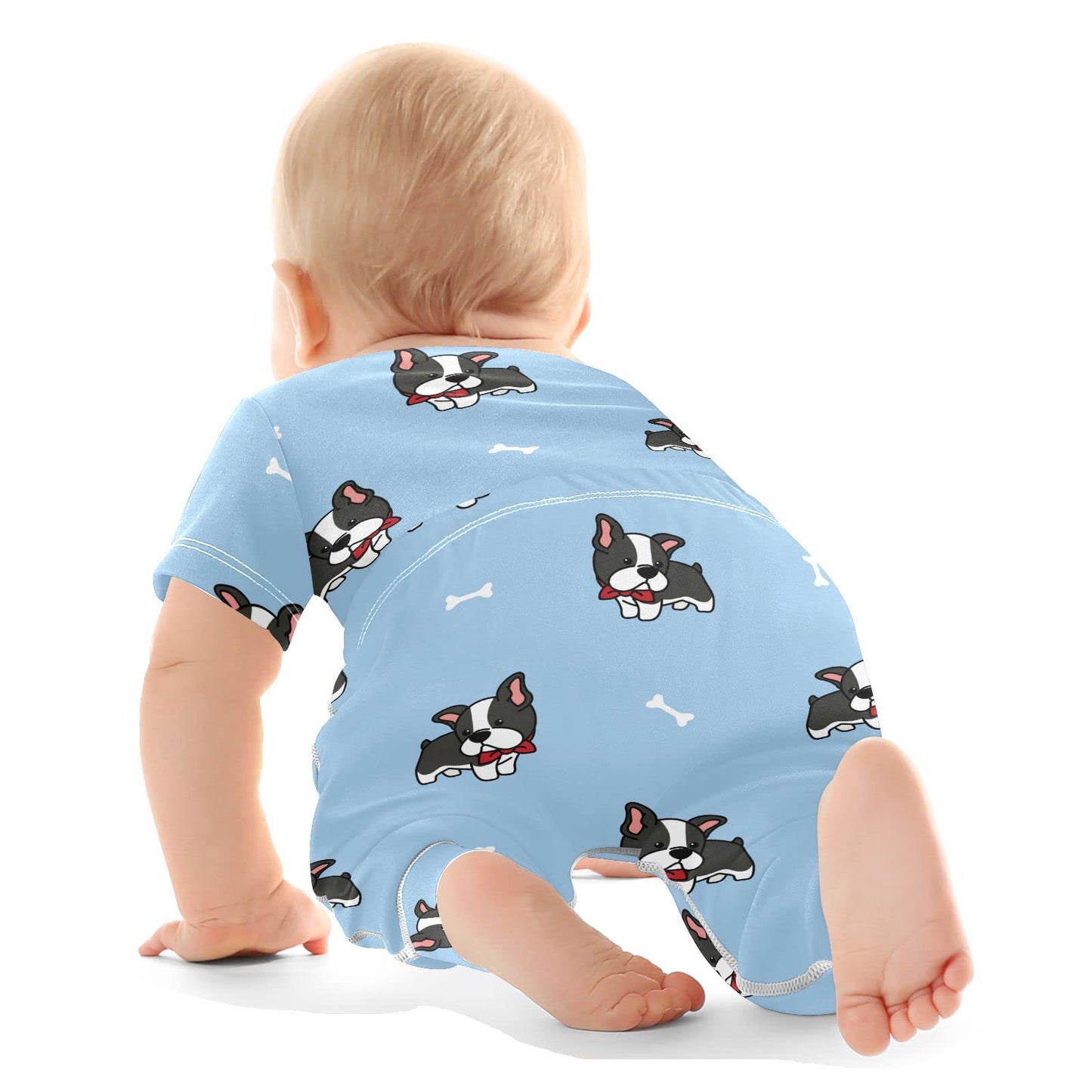 Vvfelixl Baby Bodysuits Pants Sets Boston Terrier Dog Short Sleeve Baby Clothes For Boys Girls 3-6 Months Puppy Blue