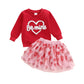 Eurvoku Kids Toddler Baby Girl Valentines Day Outfit Embroidery Crewneck Long Sleeve Sweatshirt Tops Tulle Tutu Skirt Set (B-Red