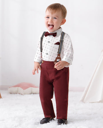 Disaur Toddler Boy Wedding Outfits Short Sleeve White Flower Dress Shirt Bow Tie Suspender Christmas Red Plaid Pants Baptism Out