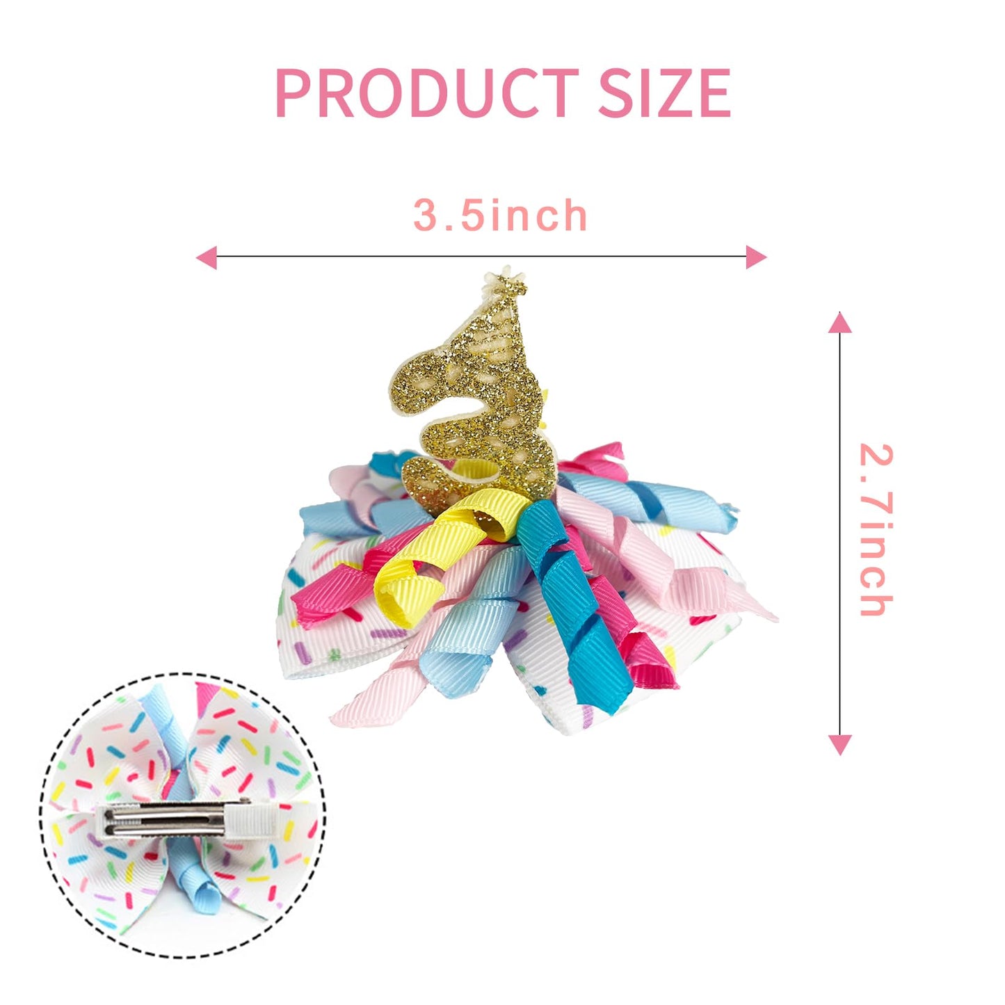 Birthday Hair Clips For Baby Girls - 2Pc Curly Ribbon With Gold Number Bow Hair Clips For 3Rd Birthday Baby Bow Party Decoration