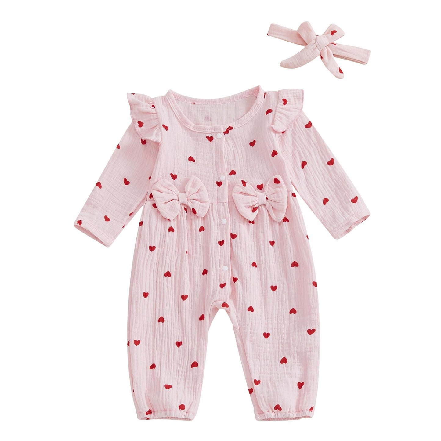 Sasaerucure Infant Baby Girl Valentines Outfit Long Sleeve Heart Jumpsuit Newborn Baby Girl Smocked Bubble Romper + Headband (Pi