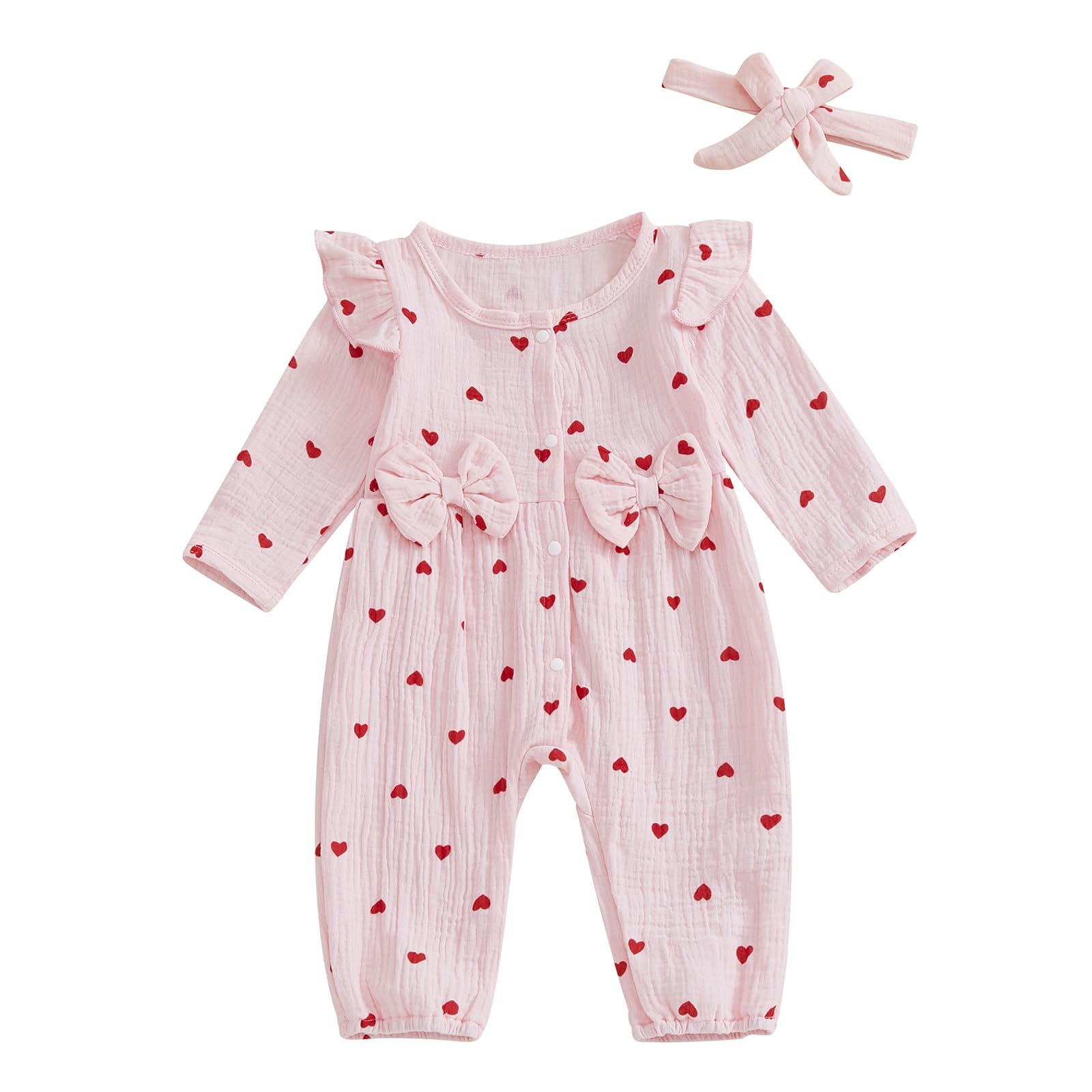Sasaerucure Infant Baby Girl Valentines Outfit Long Sleeve Heart Jumpsuit Newborn Baby Girl Smocked Bubble Romper + Headband (Pi