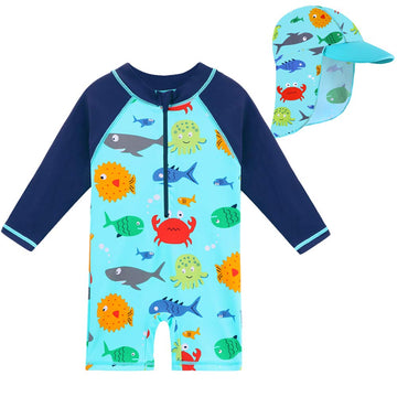Huaaniue Baby/Toddler Boy Swimsuit Rashguard Swimwear Long Sleeve One-Piece Sealife With Hat 5-6T
